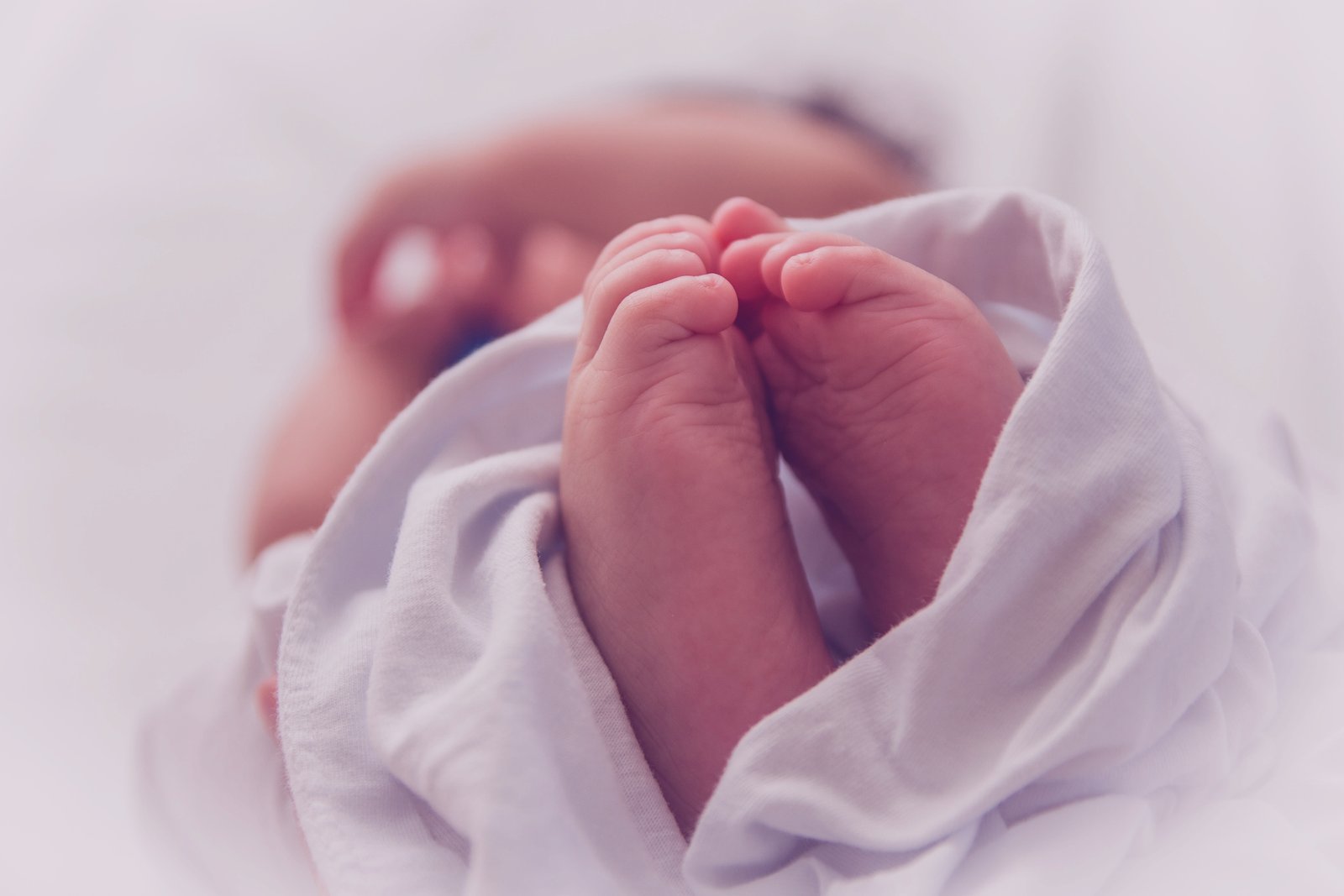 Newborn baby feet wrapped in a blanket.